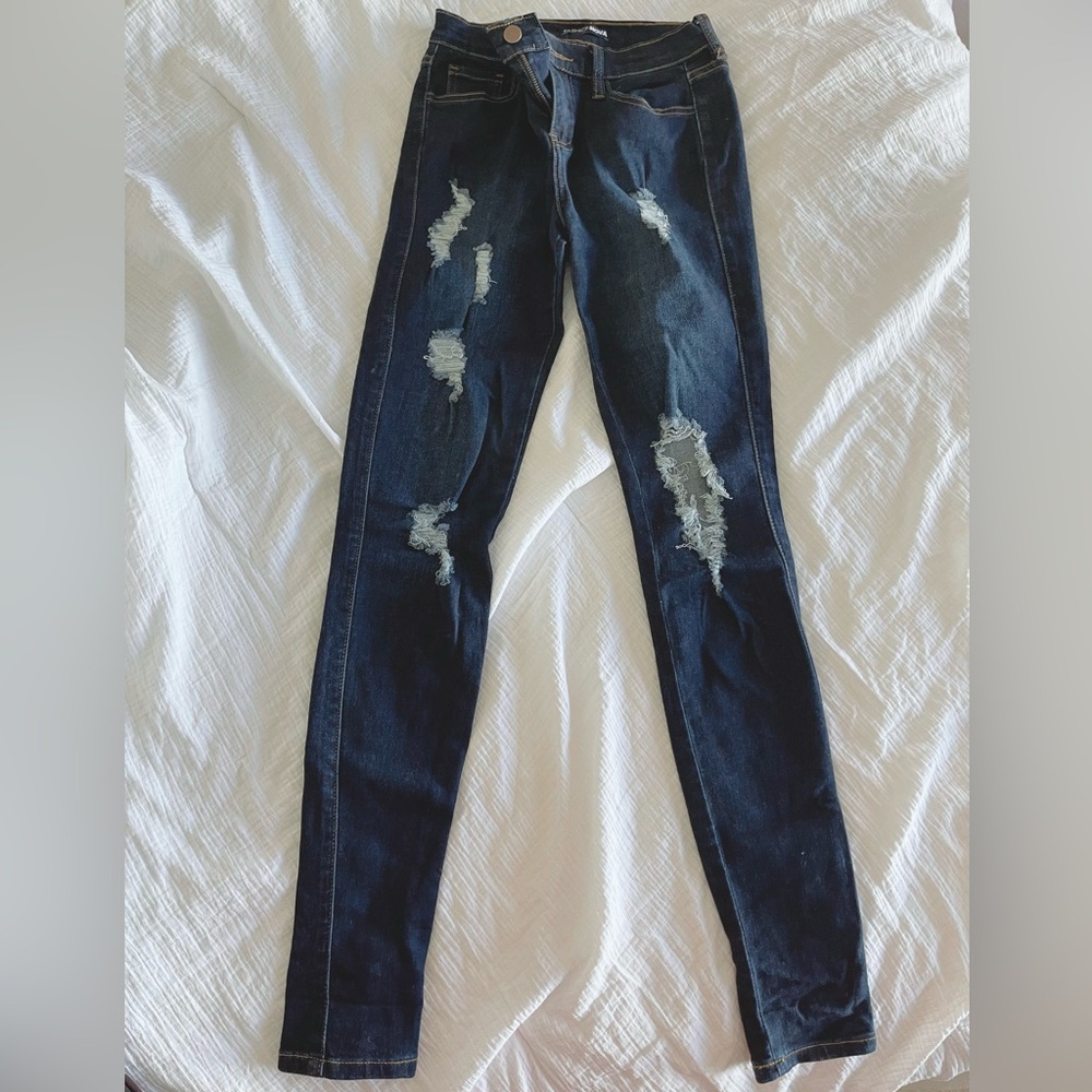 Fashion Nova Destroyed Dark Skinny Jeans
